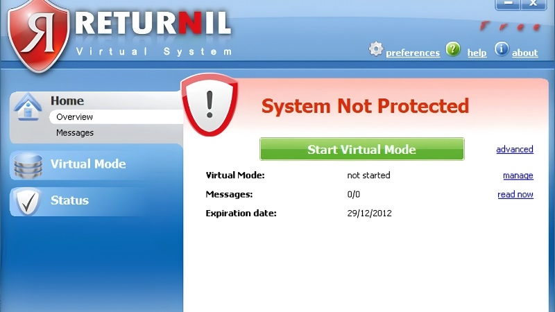 Giao diện Returnil Virtual System trên máy tính Giao diện Returnil Virtual System trên máy tính