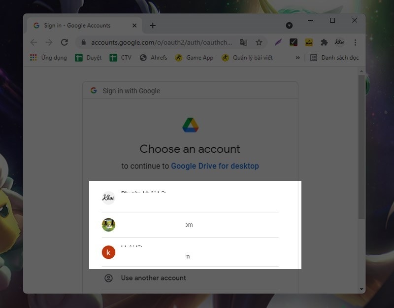 Chọn tài khoản Google mà bạn muốn liên kết với ứng dụng Google Drive
