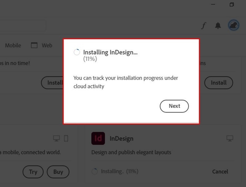 Phần mềm InDesign sẽ được tự động cài đặt trên máy tính
