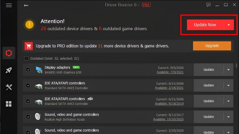 Danh sách driver cũ và nút Update Now trong Driver Booster Danh sách driver cũ và nút Update Now trong Driver Booster