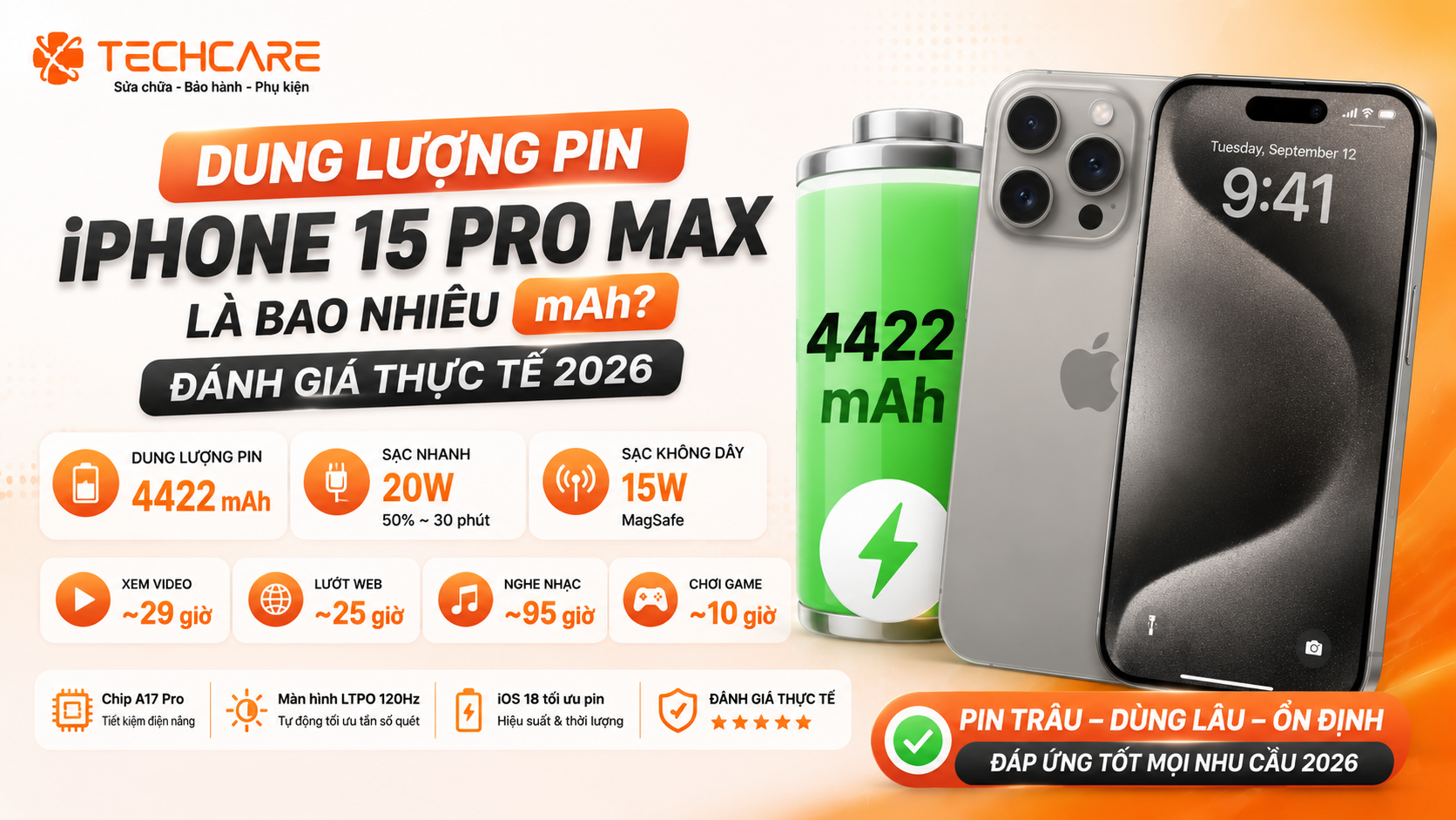 Dung Lượng Pin iPhone 15 Pro Max Là Bao Nhiêu mAh? Đánh Giá Thực Tế 2026