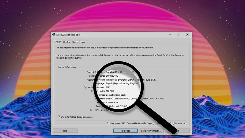 Cửa sổ DxDiag (DirectX Diagnostic Tool) trên Windows hiển thị thông tin cấu hình máy Cửa sổ DxDiag (DirectX Diagnostic Tool) trên Windows hiển thị thông tin cấu hình máy
