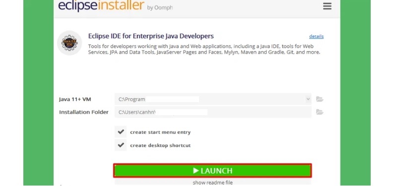Nhấn vào nút Launch