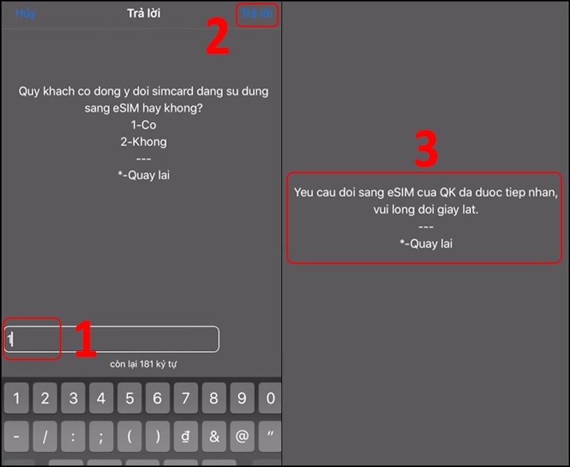 hiển thị thông báo Yêu cầu đổi sang eSIM đã được tiếp nhận