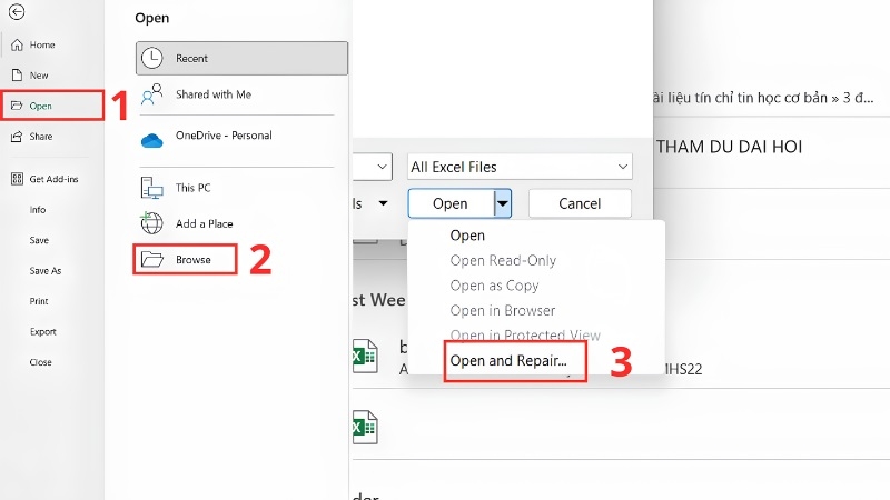 Dùng Open and Repair để sửa file Excel bị hỏng Dùng Open and Repair để sửa file Excel bị hỏng