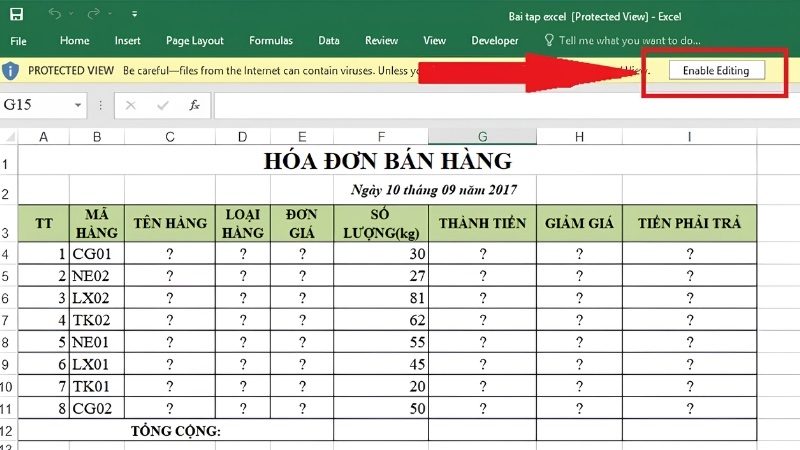 Nhấn Enable Editing để sửa file Excel Nhấn Enable Editing để sửa file Excel