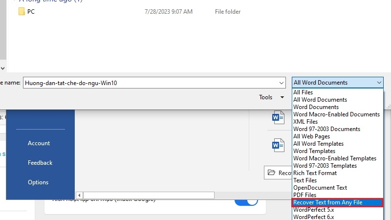 Dùng lệnh Recover Text From Any File bước 2