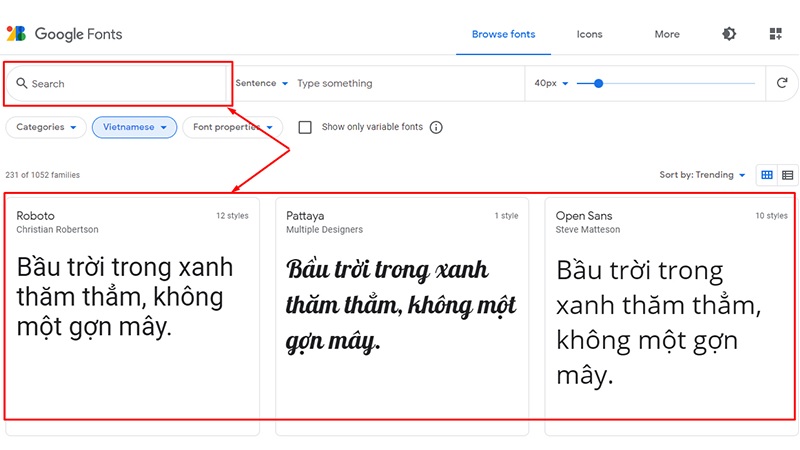 Giao diện trang Google Fonts với ô tìm kiếm font chữ