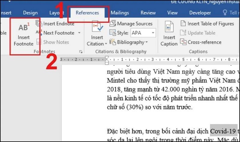 Chọn công cụ Insert Footnote