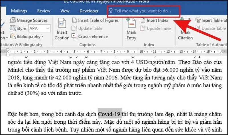 Nhấn vào dòng chữ Tell me what you want to do...
