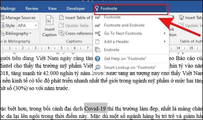 Nhập vào từ khóa Footnote