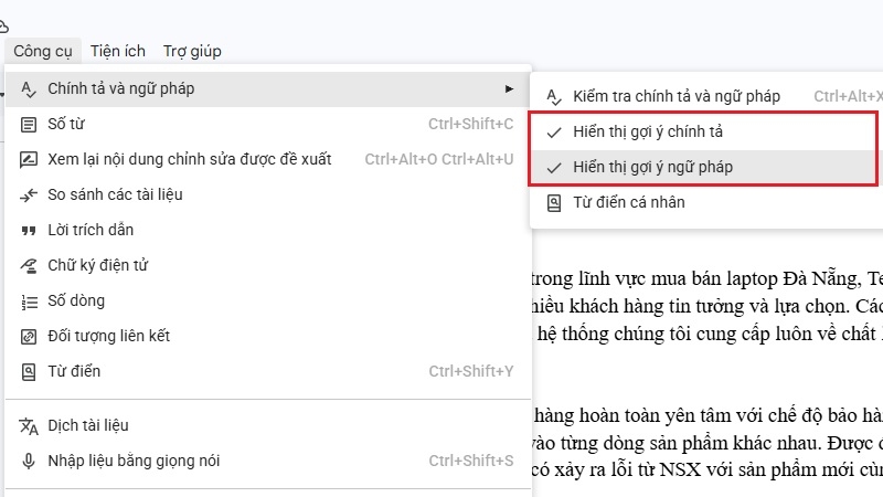 Đánh dấu tick lần lượt vào hai mục Hiển thị gợi ý chính tả và Hiển thị gợi ý ngữ pháp Đánh dấu tick lần lượt vào hai mục Hiển thị gợi ý chính tả và Hiển thị gợi ý ngữ pháp