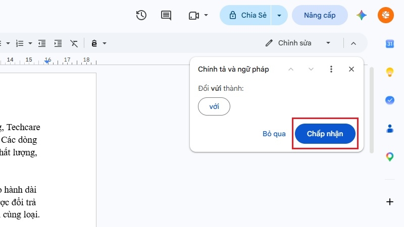 Hộp Kiểm tra chính tả và ngữ pháp ở góc phải Google Docs với nút Thay đổi và Bỏ qua Hộp Kiểm tra chính tả và ngữ pháp ở góc phải Google Docs với nút Thay đổi và Bỏ qua