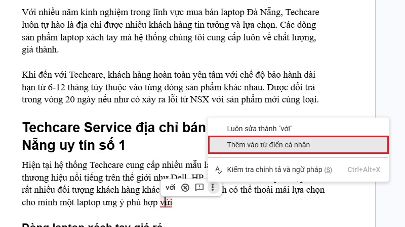 Chọn vào mục Thêm vào từ điển cá nhân Chọn vào mục Thêm vào từ điển cá nhân