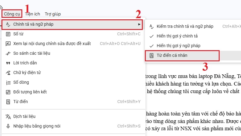 Hộp Từ điển cá nhân trong Google Docs, ô nhập từ và nút Thêm Hộp Từ điển cá nhân trong Google Docs, ô nhập từ và nút Thêm