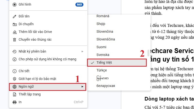 Menu Tệp → Ngôn ngữ trong Google Docs với danh sách ngôn ngữ Menu Tệp → Ngôn ngữ trong Google Docs với danh sách ngôn ngữ