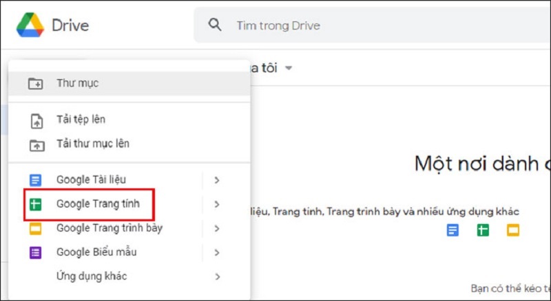 Nhấn vào tùy chọn Google Trang tính
