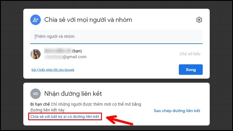 Nhấn vào dòng chữ Chia sẻ với bất kỳ ai có đường liên kết