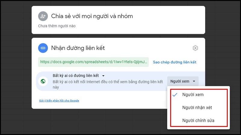 Gồm có 3 quyền mà bạn có thể thiết lập cho người được chia sẻ bảng tính
