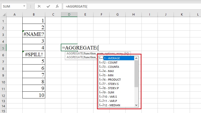 Danh sách gợi ý function_num hiện ra khi gõ hàm AGGREGATE trong Excel Danh sách gợi ý function_num hiện ra khi gõ hàm AGGREGATE trong Excel