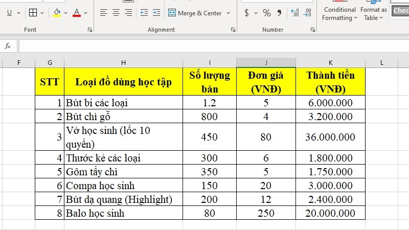 Bảng dữ liệu điểm số học sinh trong Excel với vùng I2:I9 được bôi đậm Bảng dữ liệu điểm số học sinh trong Excel với vùng I2:I9 được bôi đậm