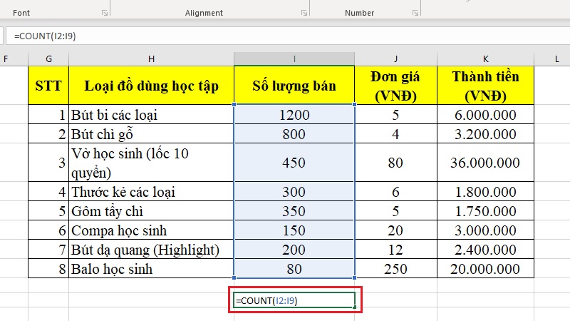 Công thức =COUNT(I2:I9) đang được nhập vào thanh công thức fx Công thức =COUNT(I2:I9) đang được nhập vào thanh công thức fx