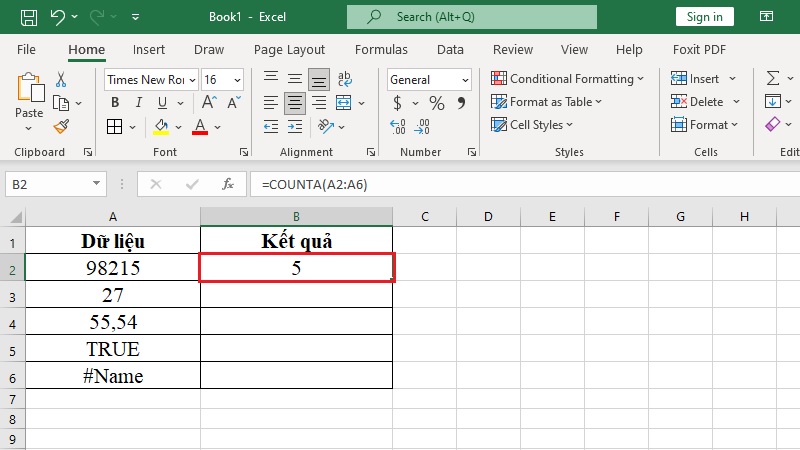 Kết quả ví dụ đếm giá trị bất kỳ bằng công thức COUNTA(A2:A6)
