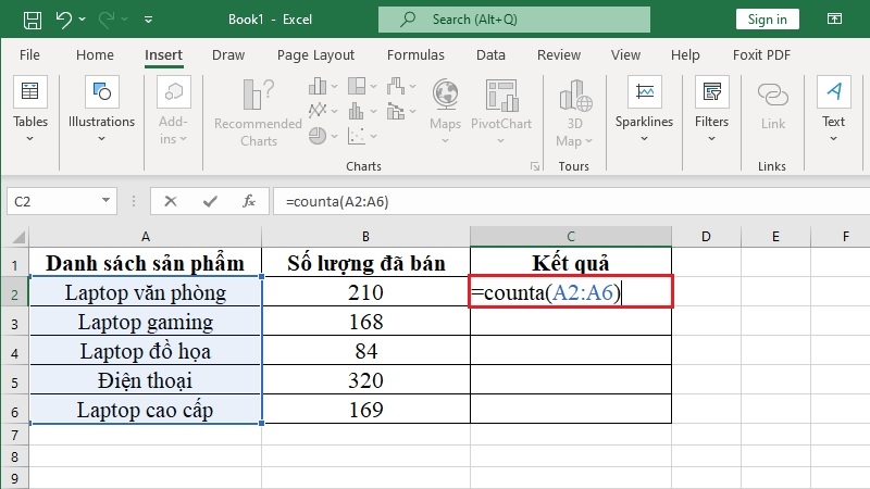 Nhập công thức =COUNTA(A2:A6) vào ô dữ liệu Excel
