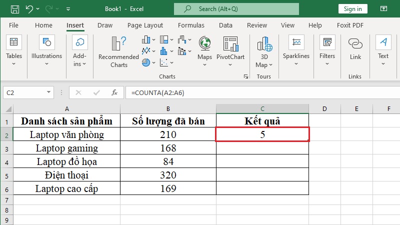 Bảng dữ liệu bán hàng và kết quả đếm danh mục sản phẩm bằng COUNTA