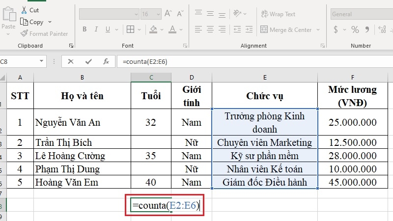 Các bước nhập công thức COUNTA trong ô tính Excel bước 3