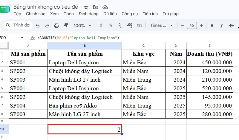 Từng bước nhập công thức COUNTIF và kết quả hiển thị sau khi nhấn Enter