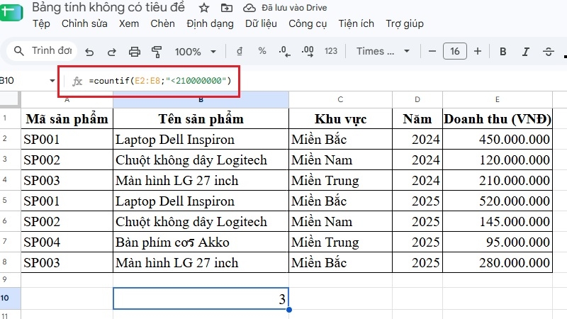 Đếm số ô lớn hơn hoặc nhỏ hơn một giá trị