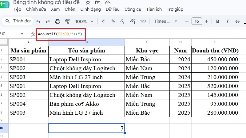 Ví dụ công thức COUNTIF với điều kiện so sánh và ký tự đại diện