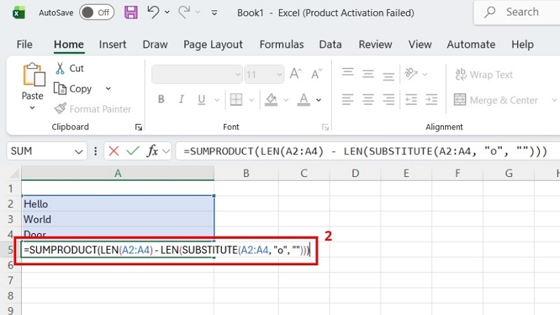 Dùng SUMPRODUCT để cộng dồn số lần ký tự xuất hiện trong nhiều ô bước 2