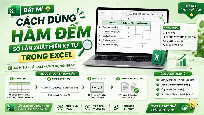 Bật mí cách dùng hàm đếm số lần xuất hiện ký tự trong Excel dễ hiểu