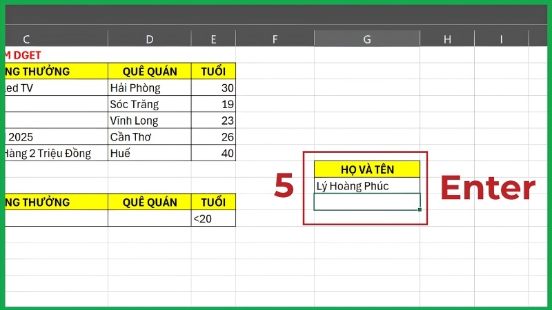 Bước 4 dùng hàm DGET: nhấn Enter để nhận kết quả họ tên Bước 4 dùng hàm DGET: nhấn Enter để nhận kết quả họ tên