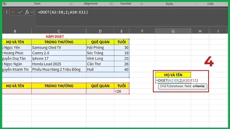 Nhập công thức =DGET(A1:D7;"Họ và tên";F1:F2) Nhập công thức =DGET(A1:D7;"Họ và tên";F1:F2)