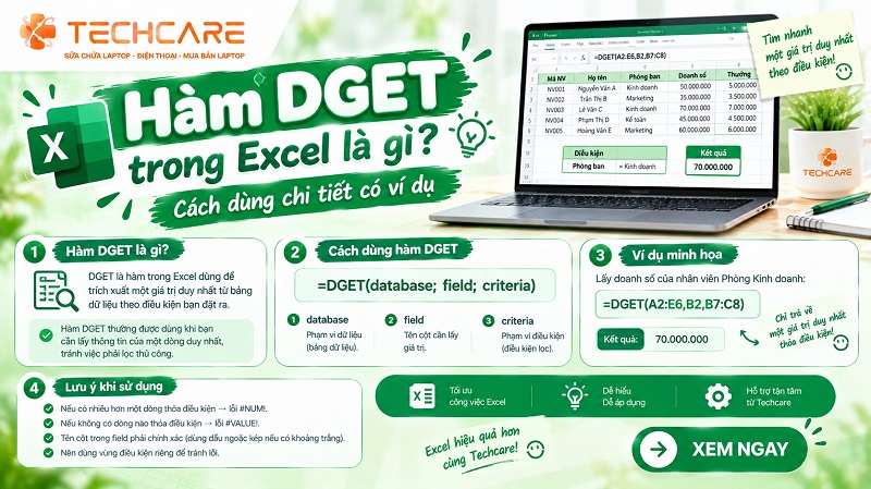 Hàm DGET trong Excel là gì? Cách dùng chi tiết có ví dụ
