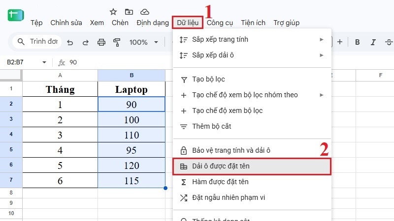 Chọn menu Dữ liệu, rồi sau đó chọn Dải ô được đặt tên Chọn menu Dữ liệu, rồi sau đó chọn Dải ô được đặt tên