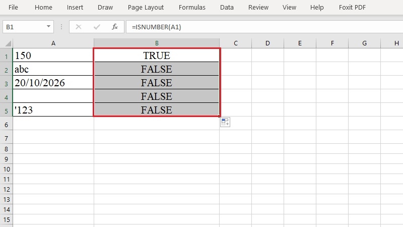 Kết quả hàm ISNUMBER cho từng ô dữ liệu trong Excel