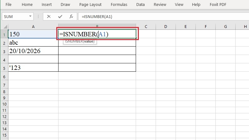Gõ công thức =ISNUMBER(A1) rồi nhấn Enter