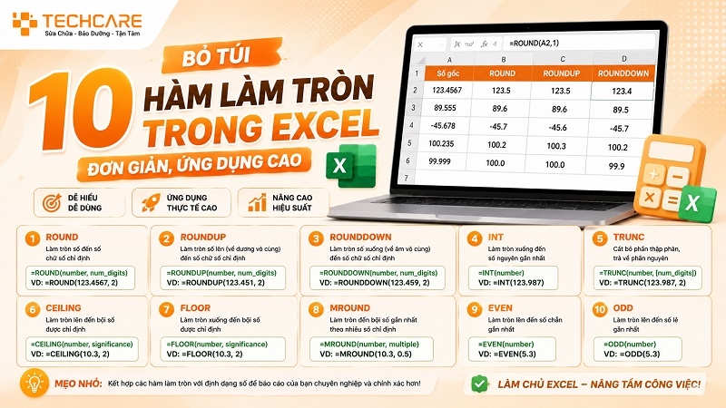 Bỏ túi 10 hàm làm tròn trong Excel đơn giản, ứng dụng cao