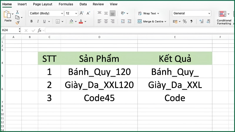 Kết quả của tách phần chữ trước số bằng LEFT kết hợp FIND và SEQUENCE Kết quả của tách phần chữ trước số bằng LEFT kết hợp FIND và SEQUENCE