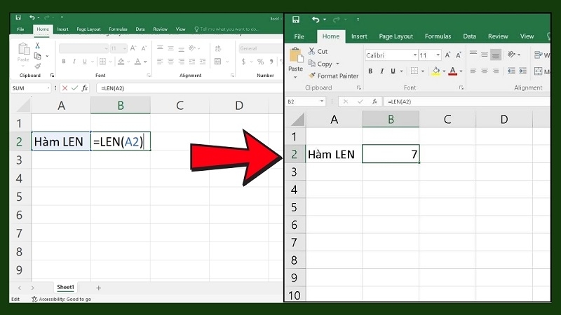 Các bước nhập công thức LEN minh họa bằng số thứ tự trên giao diện Excel Các bước nhập công thức LEN minh họa bằng số thứ tự trên giao diện Excel