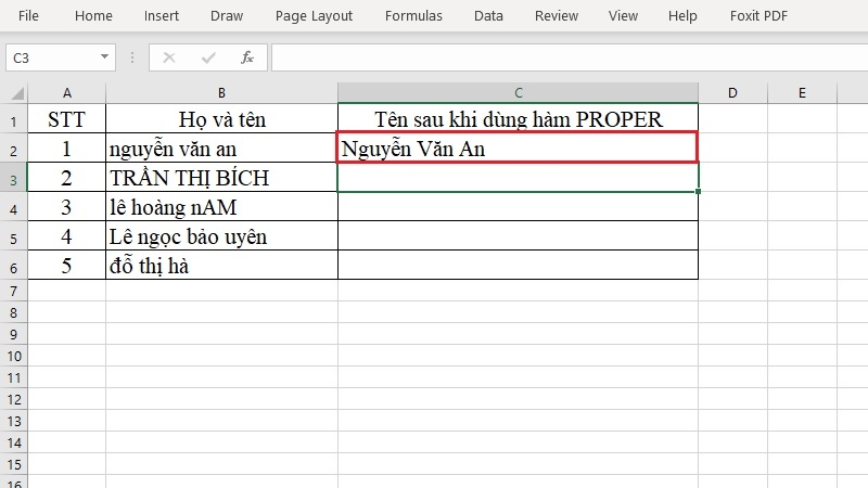 Kết quả hàm PROPER sau khi nhấn Enter Kết quả hàm PROPER sau khi nhấn Enter