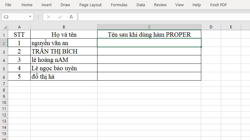 Chọn ô C2 để nhập hàm PROPER trong Excel Chọn ô C2 để nhập hàm PROPER trong Excel