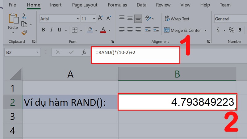 Cận cảnh ô Excel đang gõ công thức =RAND() và kết quả số thập phân hiện ra