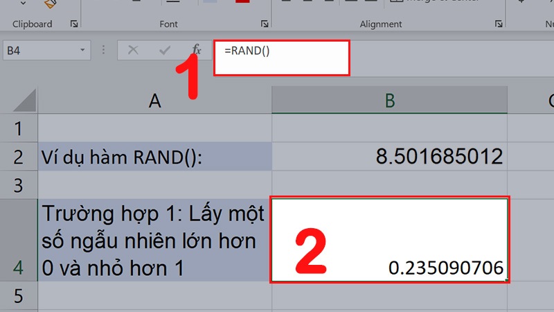 Cận cảnh ô Excel đang gõ công thức =RAND() và kết quả số thập phân hiện ra cách 1 Cận cảnh ô Excel đang gõ công thức =RAND() và kết quả số thập phân hiện ra cách 1