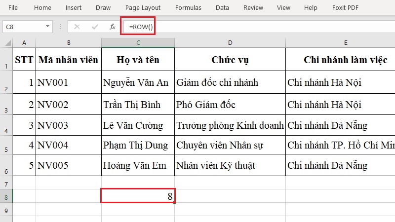 Công thức =ROW() trả về số hàng của chính ô chứa công thức Công thức =ROW() trả về số hàng của chính ô chứa công thức