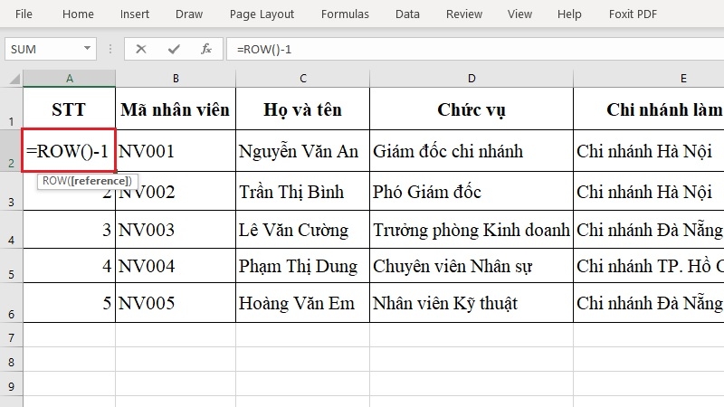 Kéo công thức =ROW()-1 để đánh số thứ tự tự động trong Excel bước 1 Kéo công thức =ROW()-1 để đánh số thứ tự tự động trong Excel bước 1